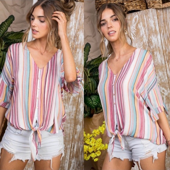 Main Strip Tops - ▪️1 left! Gorgeous Rayon Pink Multi Stripe